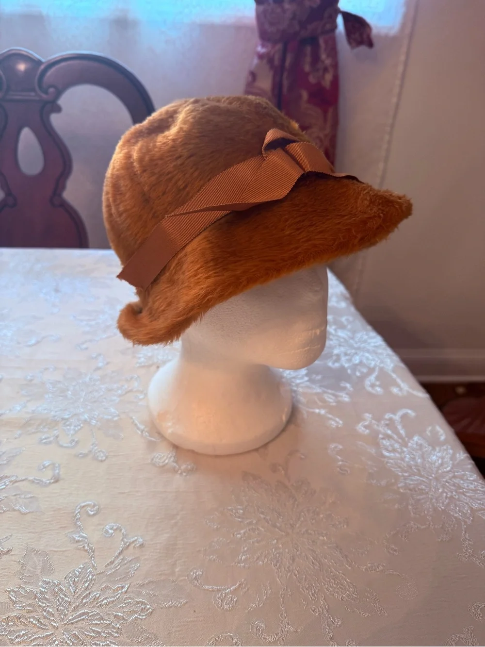 Cozy Faux Fur Bucket Hat with Ribbon Accent - Tan